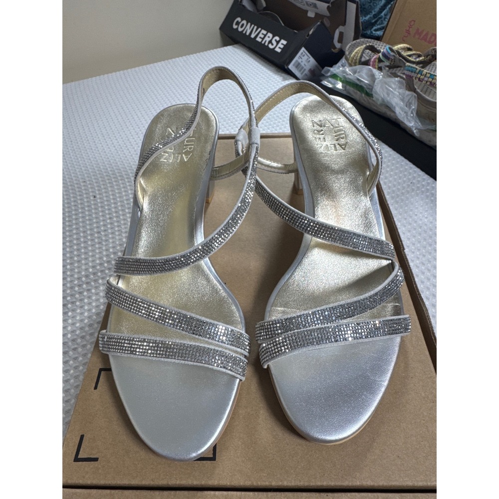 Naturalizer Sandals Women 8.5M Vanessa Silver Rhinestone Dress Block Heel EUC